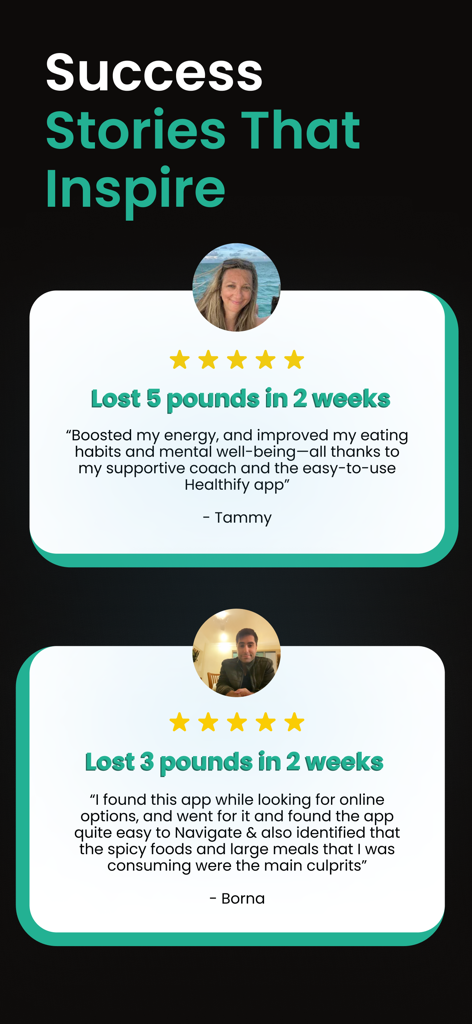 Two user testimonials for Healthify app showing weight loss results and five-star ratings.