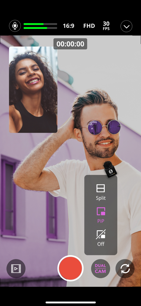RØDE Capture - Interface de l'application RODE Capture montrant un enregistrement double caméra en mode incrustation d'image.