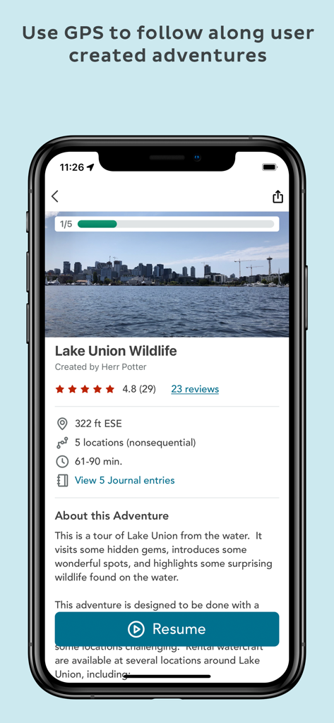 Adventure Lab® - Captura de tela do aplicativo Adventure Lab mostrando detalhes de uma aventura criada pelo usuário chamada Lake Union Wildlife com descrição e classificação.