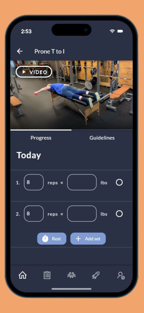 PT Initiative app interface showing a rehab exercise video and progress logging for reps and weight