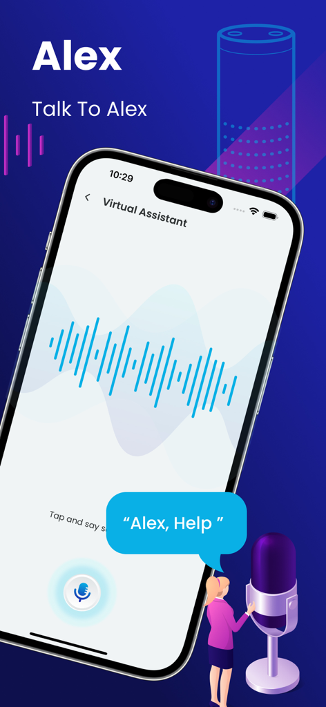 Voice Control for Assistant - Interfaz de la aplicación Control por Voz para Asistente que muestra un patrón de onda de voz y una burbuja de diálogo que dice Alex Ayuda