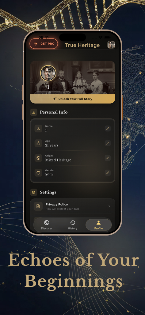True Heritage & Ancestry DNA - True Heritageアプリのユーザープロファイルインターフェース、個人情報と祖先の家族の肖像画が表示されています