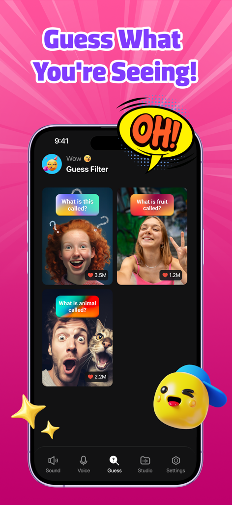 Voice Changer & Prank Sounds - A screenshot of the Guess Filter feature in the Voice Changer and Prank Sounds app showing various visual challenges for users.