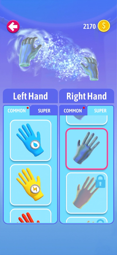 Mobile game menu for selecting different magical elemental gloves for the character's hands.