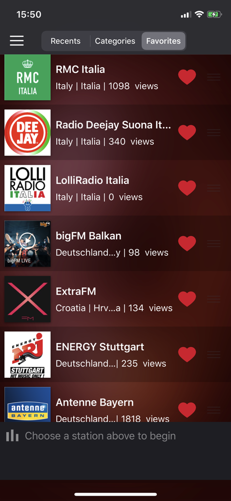 KeepOne Radio - KeepOne Radio app showing a list of favorite international radio stations