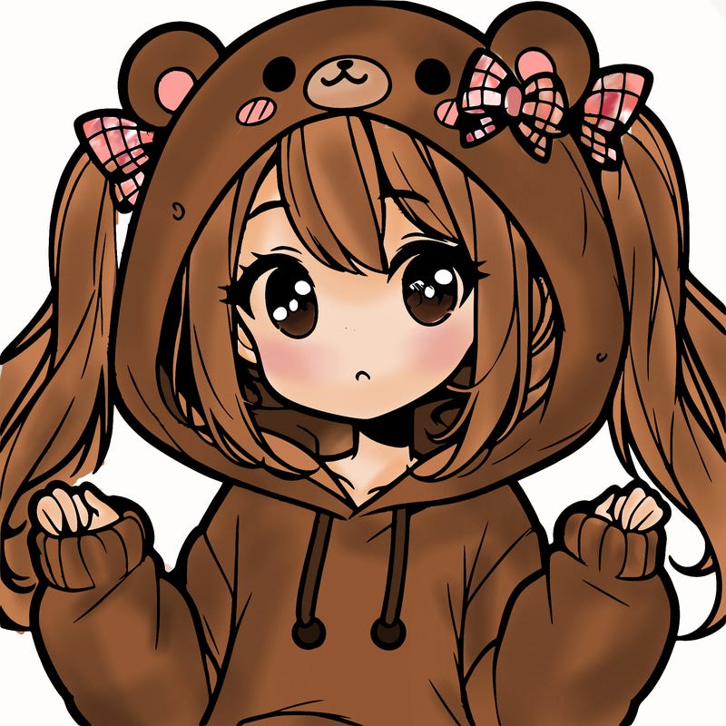 cute anime girl with ponytails and a cute bear hoodie