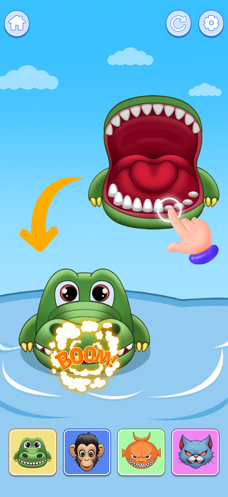 Mini Relaxing Game 2 - Interfaz de minijuego de dentista de cocodrilo con una mano presionando un diente y un efecto de explosión