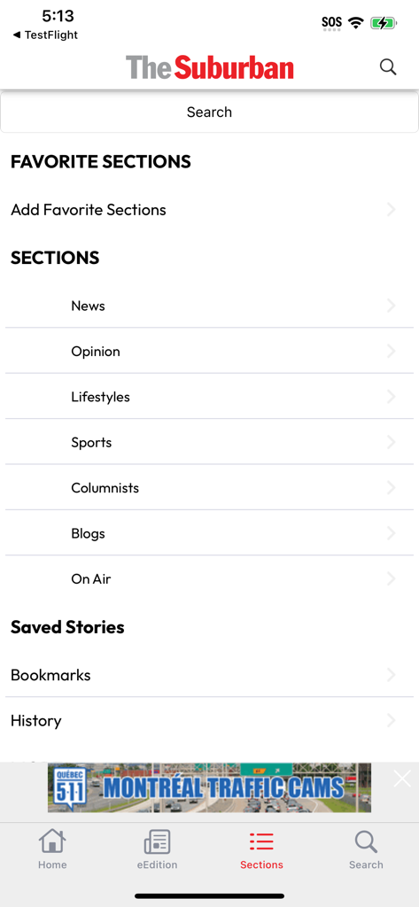 The Suburban Newspaper mobile app sections menu showing news opinion lifestyle and sports categories