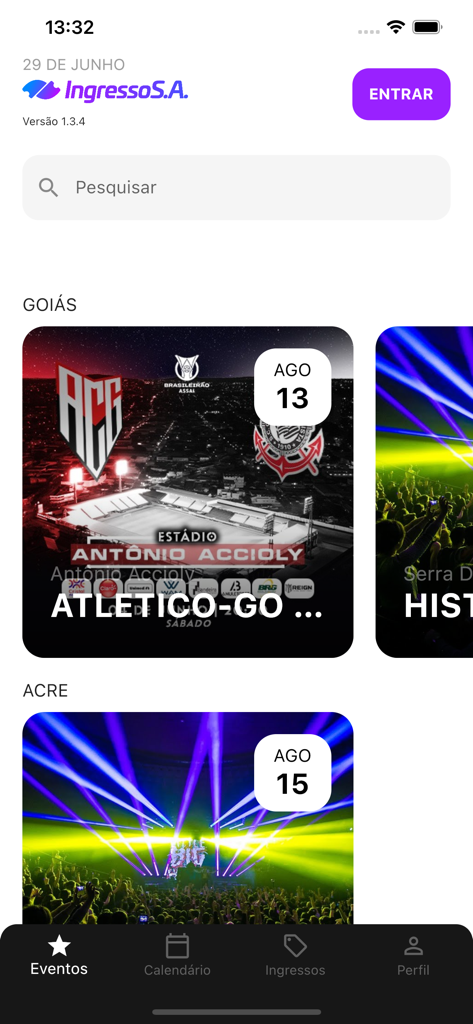 Interface do aplicativo Ingresso S.A. com ingressos para eventos esportivos e shows.