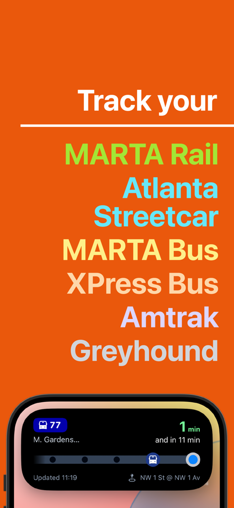 Atlanta Transit app screenshot showing live tracking services like MARTA Rail and Bus with a Dynamic Island notification