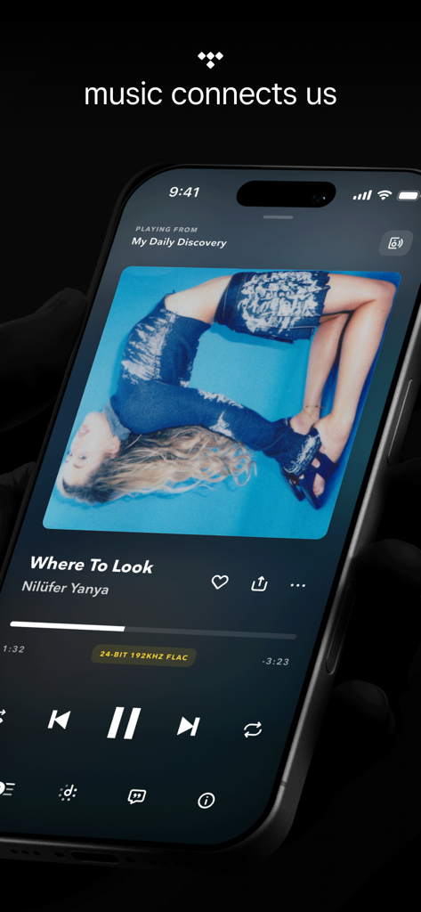 TIDAL Music app interface showing the now playing screen with 24-bit 192kHz FLAC quality label.