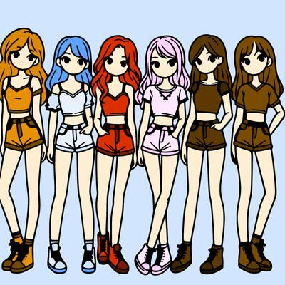 a group of girls wearing crop tops and shorts