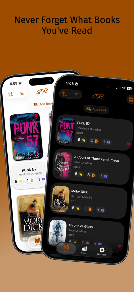 SpiceRack - SpiceRack mobile app showing a digital library of books with star and spice ratings in both light and dark mode themes