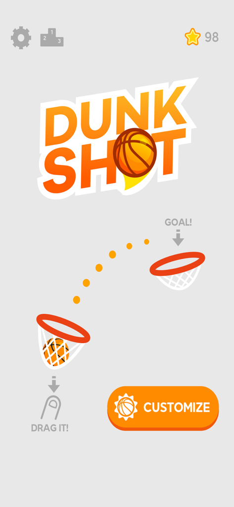 Menu principal do jogo Dunk Shot mostrando instruções de arremesso de basquete