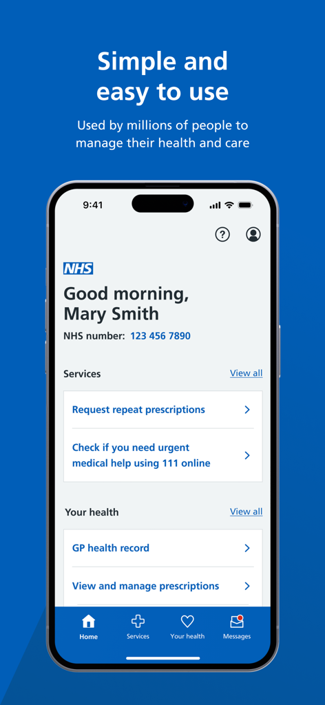 NHS App - Panel de control de la aplicación NHS que muestra servicios de salud y registros de pacientes