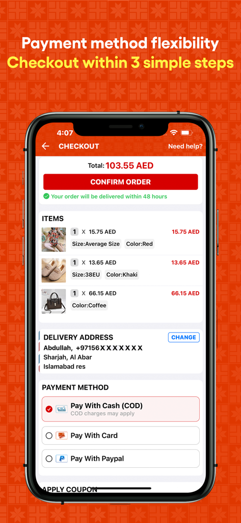 DODuae Women's Online Shopping - DODuae app checkout screen displaying order summary and payment methods like Cash on Delivery and PayPal.