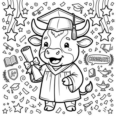 Get ready to celebrate with this charming coloring page featuring a beef cattle on its graduation day! Adorned in a cap and gown, this happy graduate is surrounded by festive academic symbols and confetti, perfect for bringing vibrant colors to a special milestone.