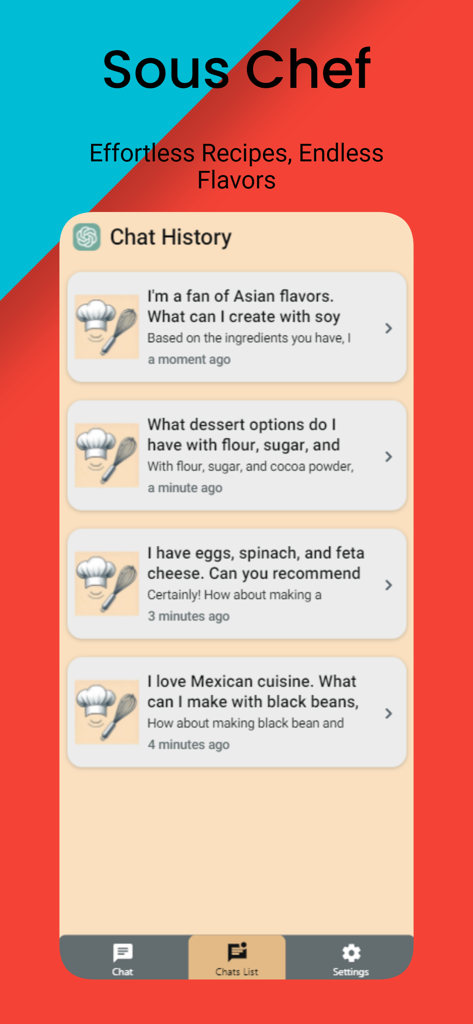 Histórico de chat do AI Sous Chef exibindo recomendações de receitas personalizadas para várias culinárias.