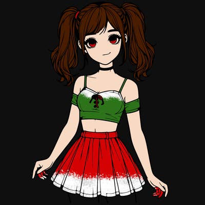 realistic girl in a skirt crop top and pigtails