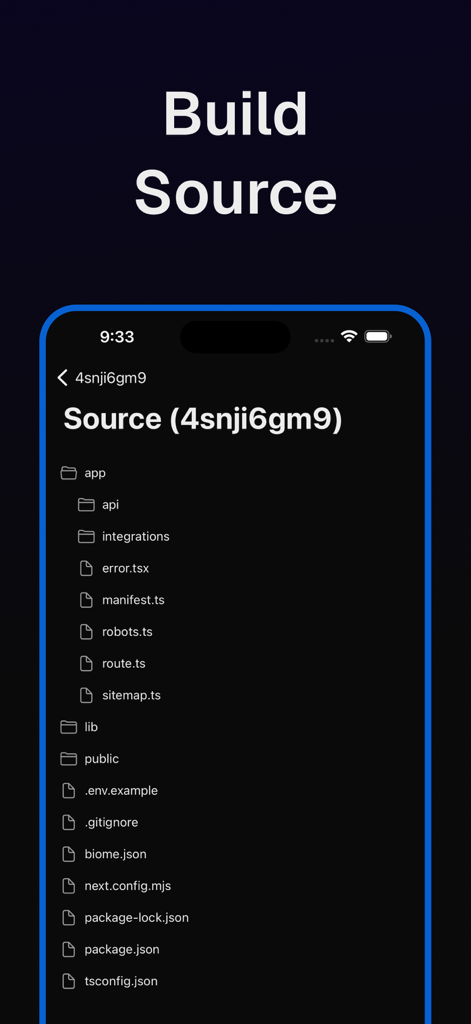 Vercel Mobile — Rev - Mobile interface of the Vercel Rev app showing the source code directory and files for a deployment