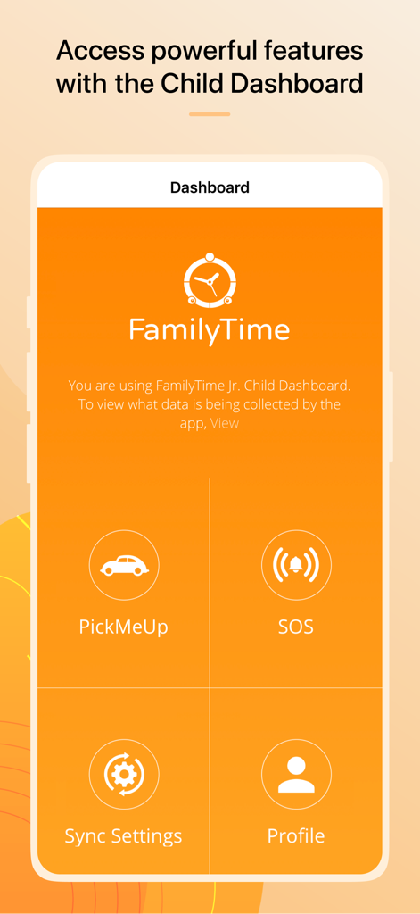FamilyTime Jr. - FamilyTime Jr child dashboard showing PickMeUp and SOS features