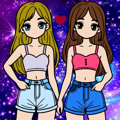 two sisters with crop tops and jean shorts and straight hair
