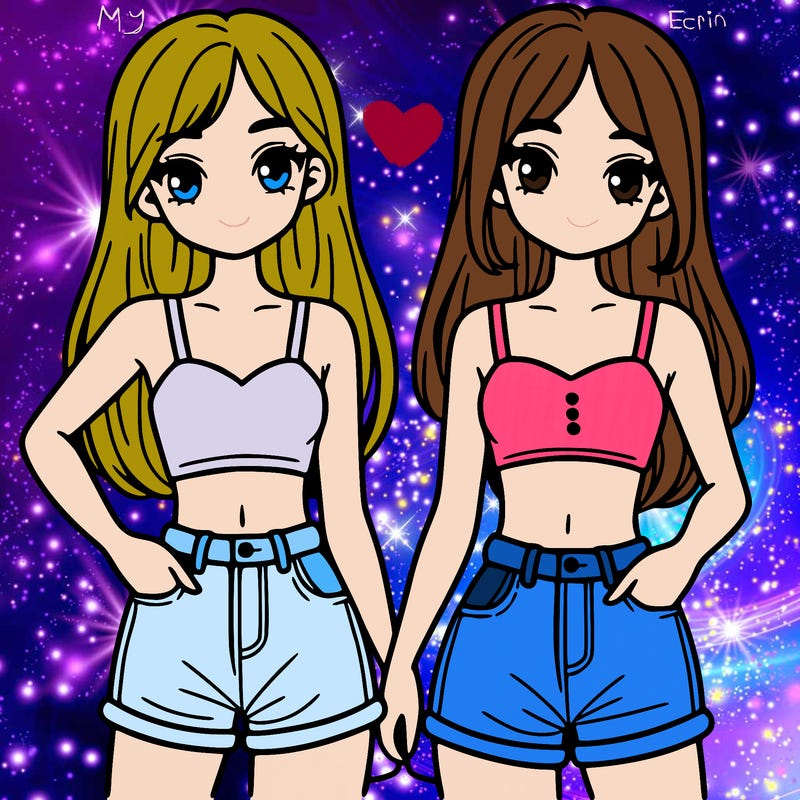 two sisters with crop tops and jean shorts and straight hair
