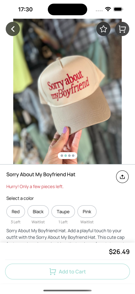 The Rack - Mobile product page for the Sorry About My Boyfriend Hat in The Rack shopping app.