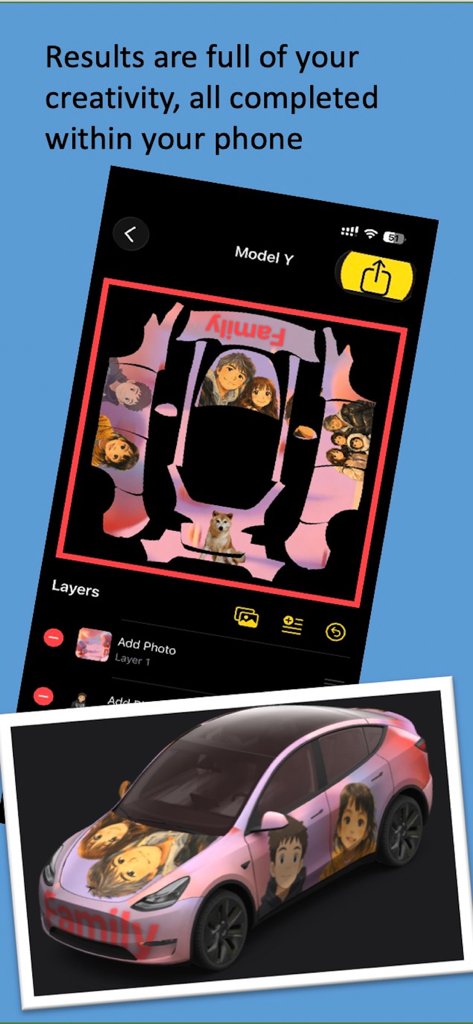 Wrap For Tesla - Interface of Wrap For Tesla app showing Model Y wrap customization with personal photos and a 3D car preview.