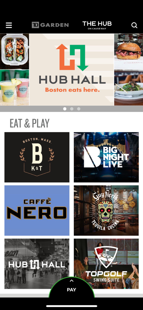 TD Garden Hub - TD Garden Hub app Eat and Play screen showing restaurant and entertainment options like Hub Hall and Big Night Live