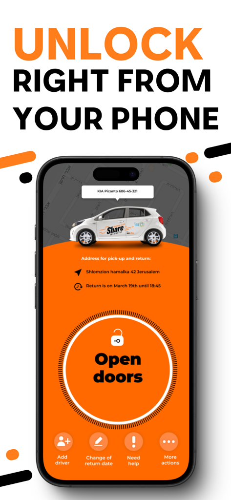 Share - Israel Car Sharing - 차량 문 잠금 해제 버튼이 있는 Share 카셰어링 앱 인터페이스를 보여주는 스마트폰