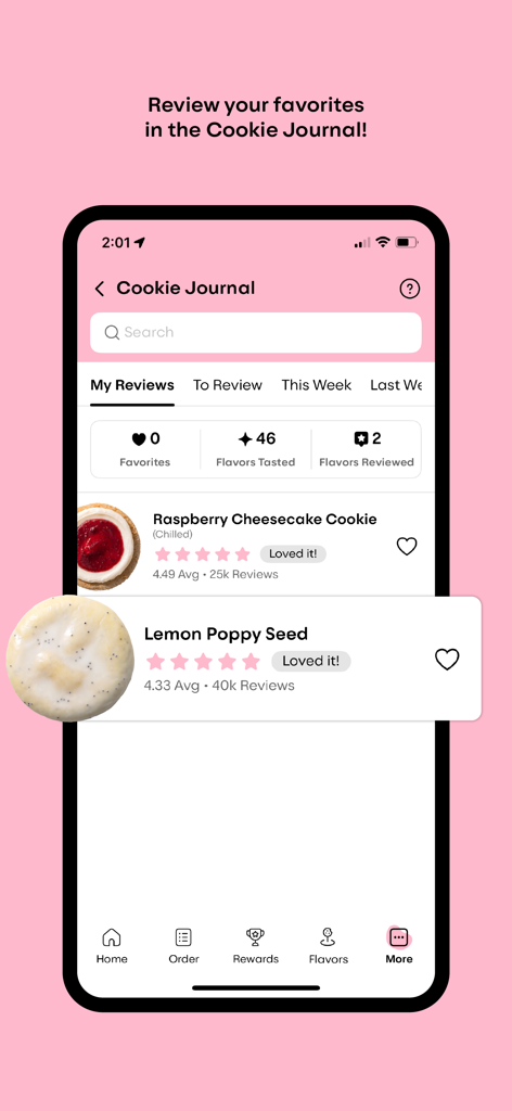 Crumbl app Cookie Journal screen displaying personalized user reviews and flavor tracking statistics