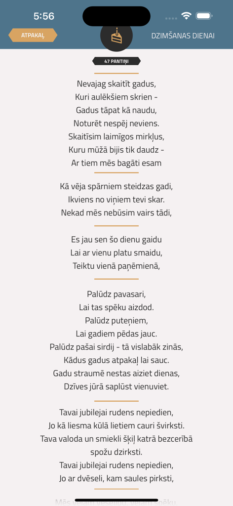 Interface showing Latvian birthday verses in the Pantini app