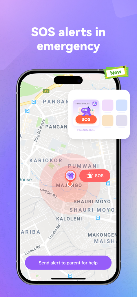 Fammy - Blocksite - Interfaz de la aplicación Fammy mostrando un mapa con una alerta de emergencia SOS y un botón para enviar una notificación de ayuda a los padres.