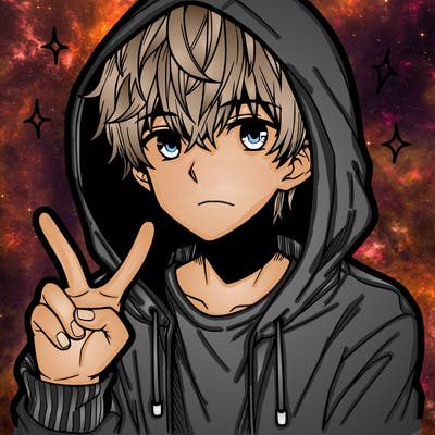 teenage manga boy in a hoodie, doing ✌
