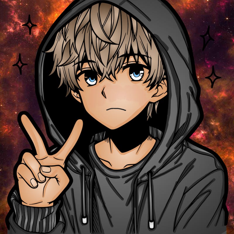 teenage manga boy in a hoodie, doing ✌