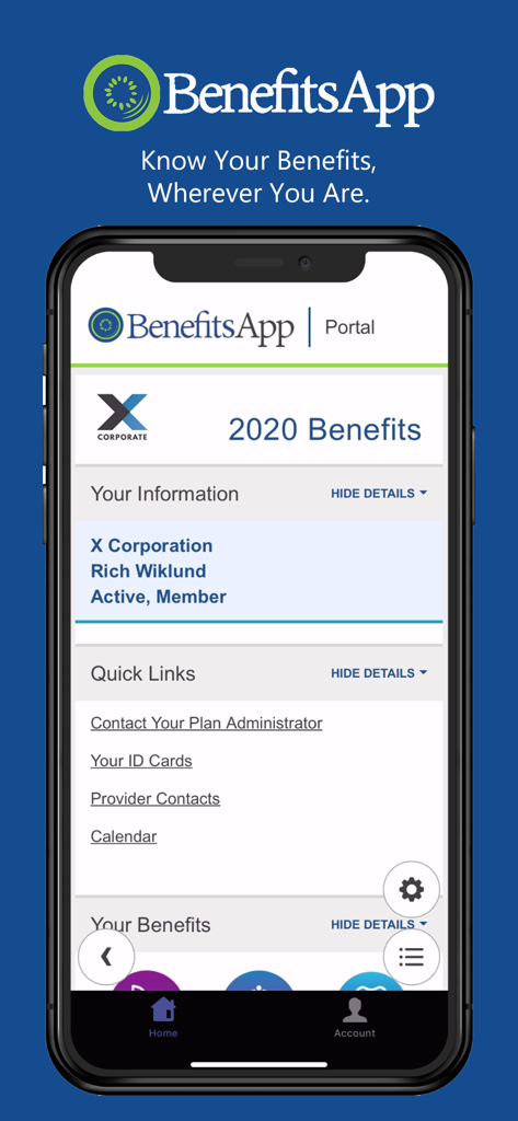 Screenshot of BenefitsApp portal displaying employee benefit information and quick links on a mobile device