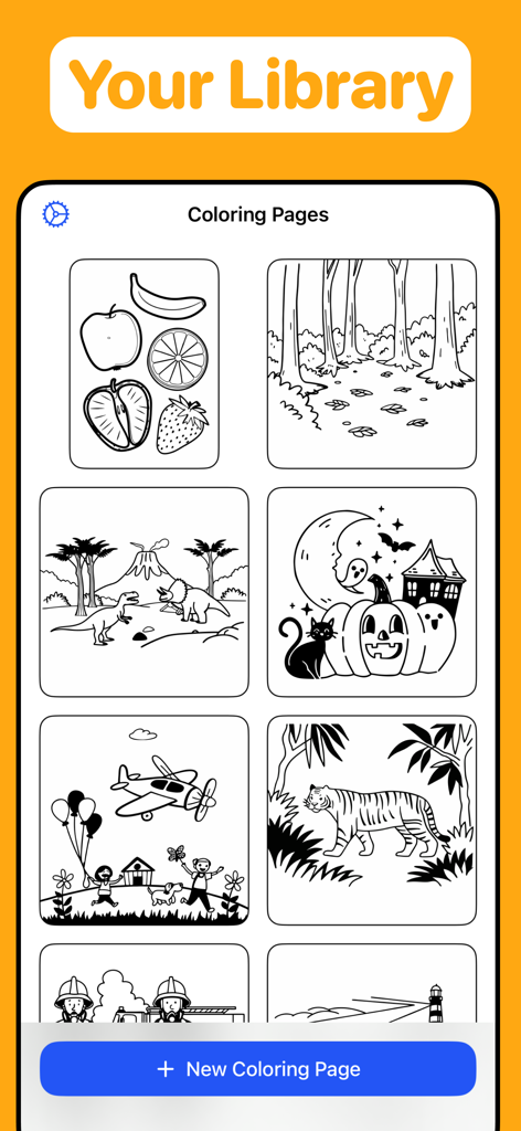 Coloring Page Generator AI - User library in Coloring Page Generator AI showing custom generated coloring pages featuring fruits, dinosaurs, and animals