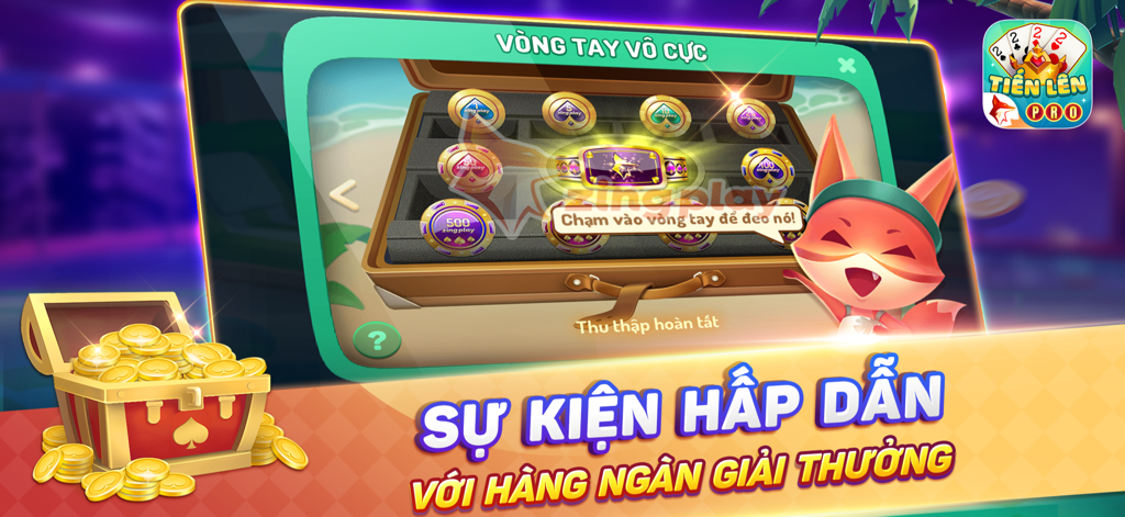 Pantalla del evento de recompensas de Tien Len Mien Nam Pro ZingPlay que muestra el evento de la pulsera infinita y premios coleccionables.