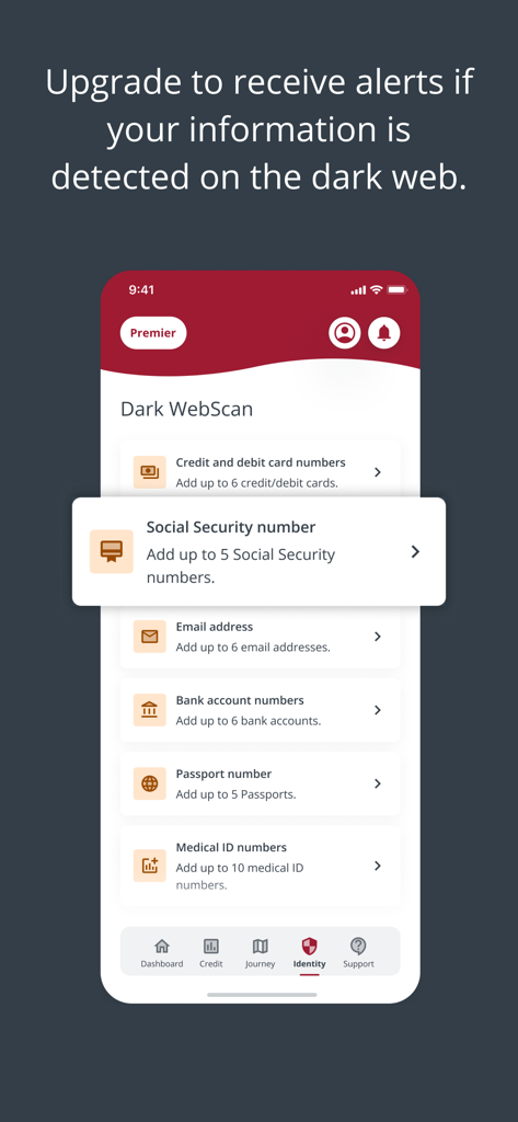 Screenshot of the myEquifax app Dark WebScan feature showing identity protection monitoring for social security numbers and financial accounts.