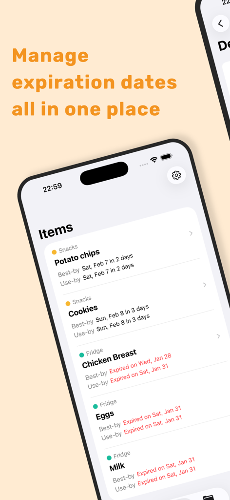 FreshExpire - FreshExpire mobile app showing a list of food items with their expiration dates