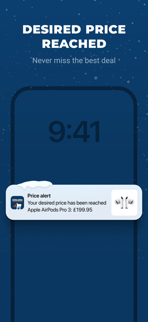 idealo - Price Comparison - Una pantalla de smartphone que muestra una notificación de alerta de precios de idealo para Apple AirPods