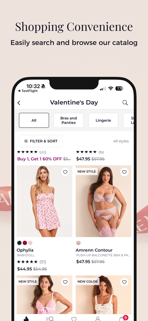 Interface do aplicativo móvel Adore Me mostrando a coleção de lingerie do Dia dos Namorados com opções de busca e filtro de produtos.
