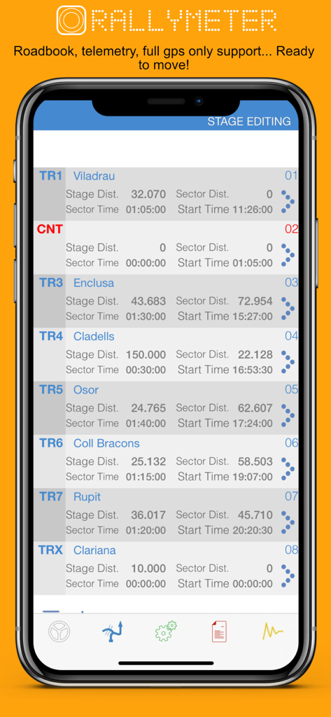 Rallymeter Pro - Rallymeter Pro interface for editing rally stages with distances and times