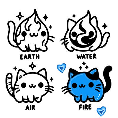 4 cats that represent the different elements, earth, water, air, and fire