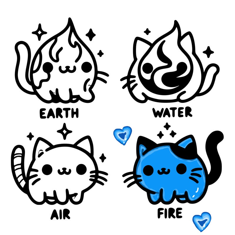 4 cats that represent the different elements, earth, water, air, and fire