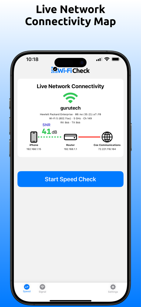 Wi-Fi Check - Speed Test - Screenshot of the Wi-Fi Check app showing a live network connectivity map between an iPhone, a router, and the internet service provider.