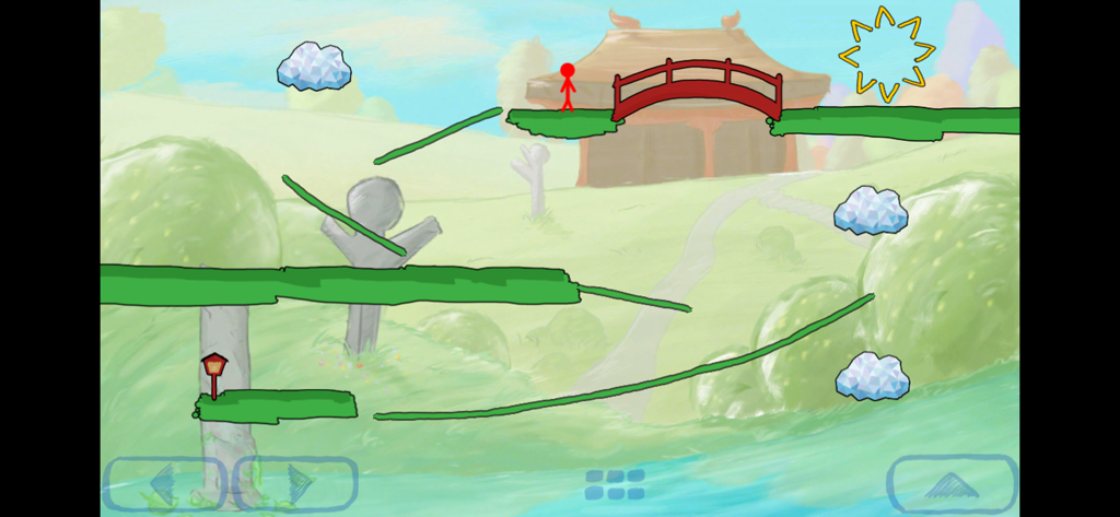 Gameplay of Trace 2 showing a red character and hand drawn platforms in an artistic landscape
