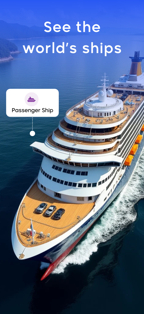 A large cruise ship sailing on the blue ocean with a passenger ship identification label