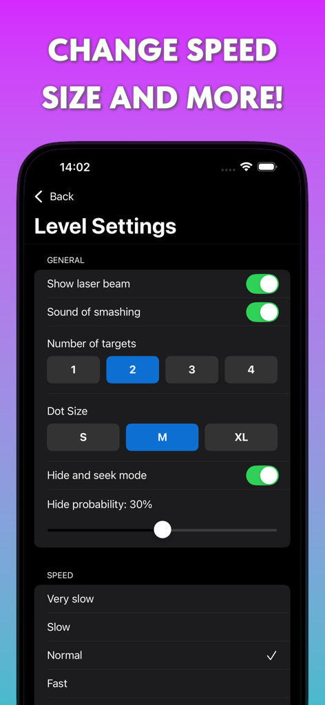 Red laser pointer for cats - A mobile app screenshot showing the Level Settings page for a cat laser game where users can adjust speed, dot size, and number of targets.
